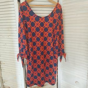 Mud Pie 70s Print Scoop Neck Dress With Tie Sleeves L